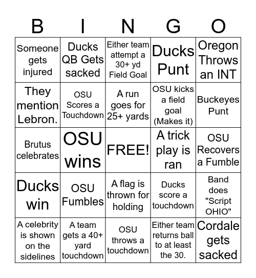 Buckeye Bingo Card