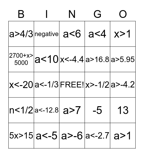 Inequalities Bingo Card