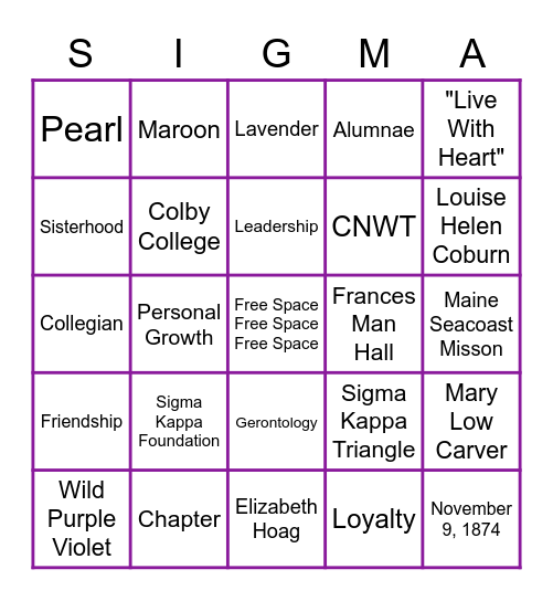 Sigma Kappa Bingo Card