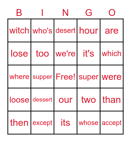 Commonly Confused Words Bingo Card