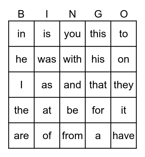 Fry Words 1-25 Bingo Card
