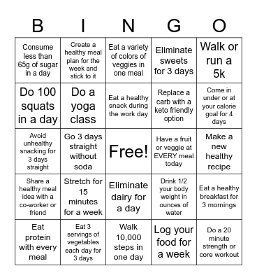 Healthy Living Bingo Card