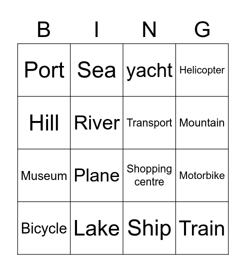 place & transport Bingo Card
