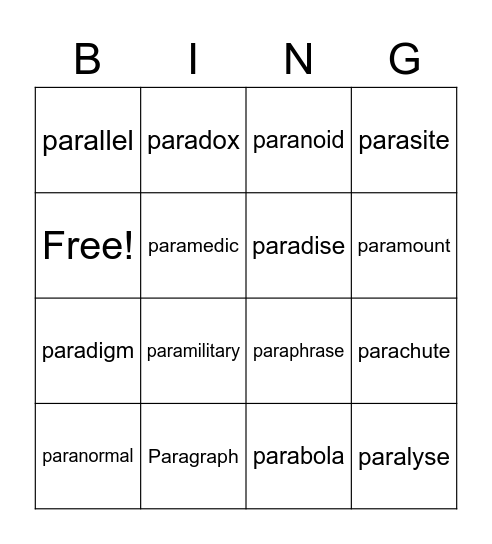 Words with prefix para Bingo Card