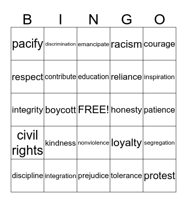 Martin Luther King Bingo Card