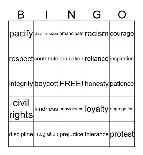 Martin Luther King Bingo Card