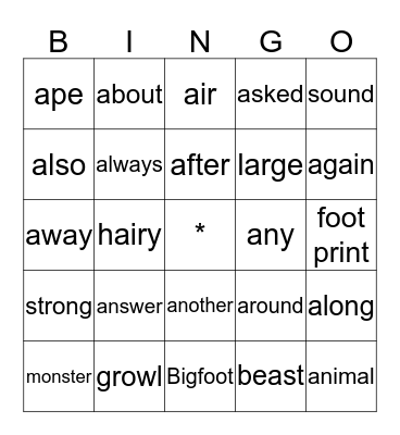 Bigfoot Bingo Card