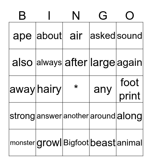 Bigfoot Bingo Card
