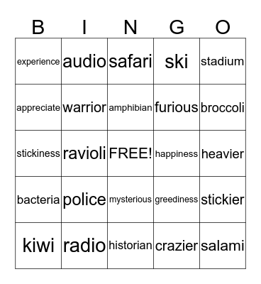 i says long e Bingo Card