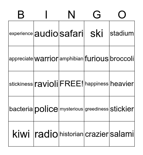 i says long e Bingo Card