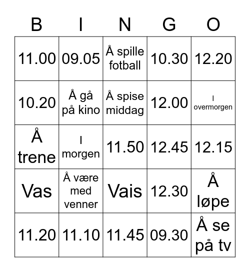 fremtidsform + klokken + aktiviteter Bingo Card