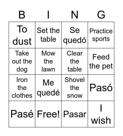 Los quehaceres Bingo Card