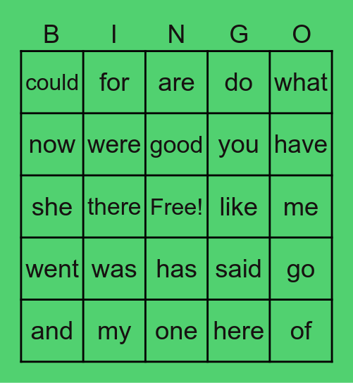 Sight Words Bingo Card