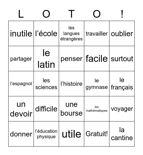 Leçon 2A: Les cours Bingo Card