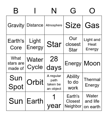 Sun, Earth and Moon Bingo Card