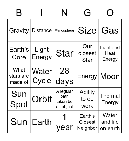 Sun, Earth and Moon Bingo Card
