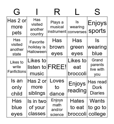 Girls Inc. Bingo Card