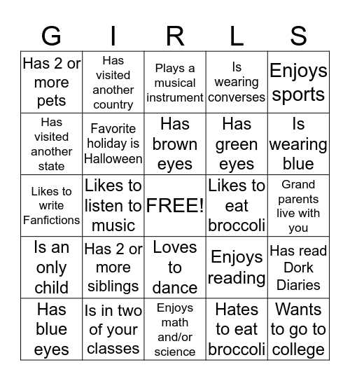 Girls Inc. Bingo Card
