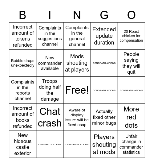 GoT update bingo Card