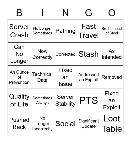 Patch Notes Bingo Card