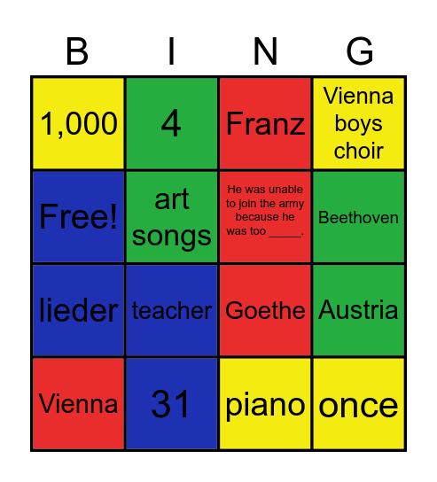 Composer of the Month: Schubert Bingo Card