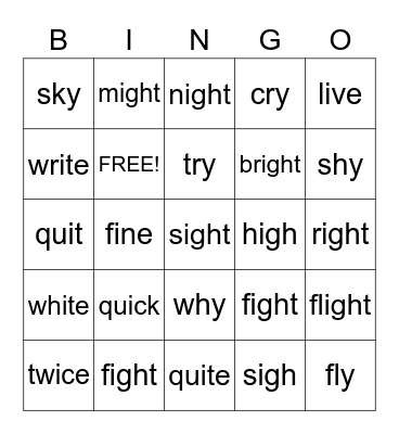 Short I, Long I, IGH Words, and Y sound like I Words Bingo Card