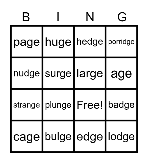Cycle 16 -dge & -ge Bingo Card