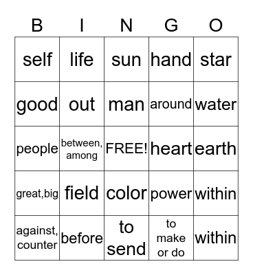 Root Words Bingo Card