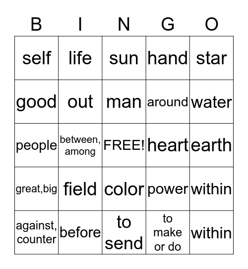 Root Words Bingo Card