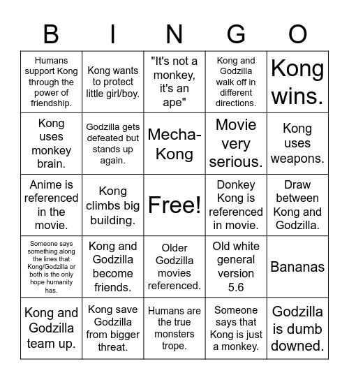 KING Kong VS Godzilla Bingo Card