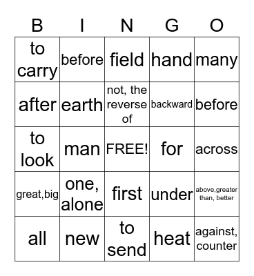 Root Words Bingo Card