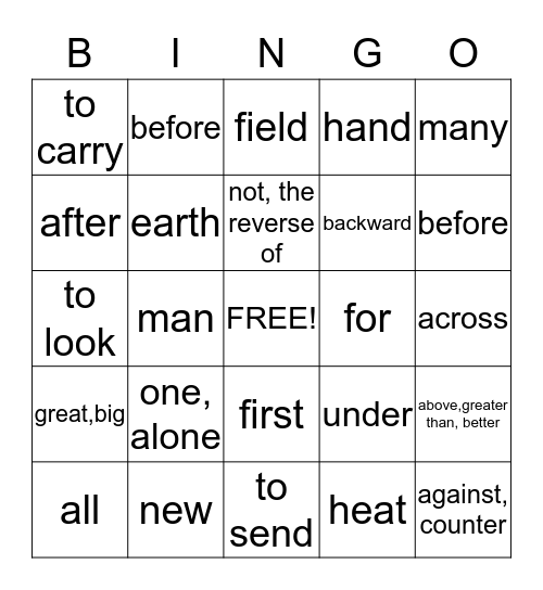 Root Words Bingo Card