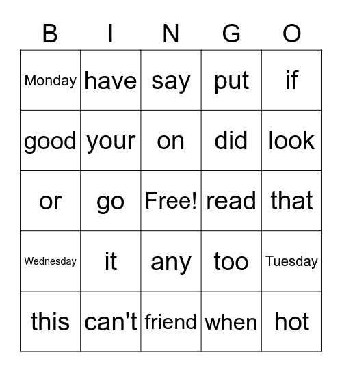 Sight Words Bingo Card