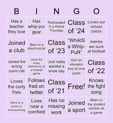 Hampshire High Bingo Card