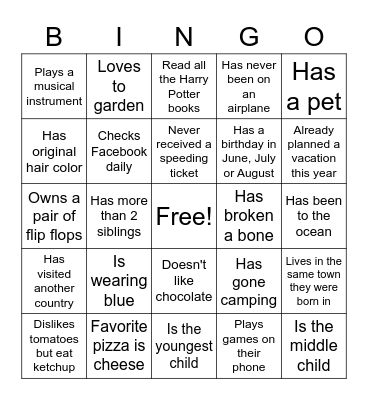 Getting to know you Bingo Card