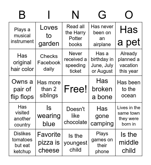 Getting to know you Bingo Card