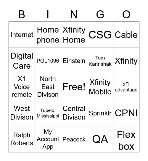 Comcast Bingo! Bingo Card