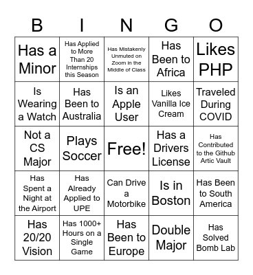 UPE Recruitment Bingo Card