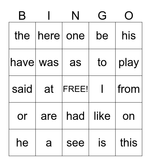 Word List 1-10 Bingo Card