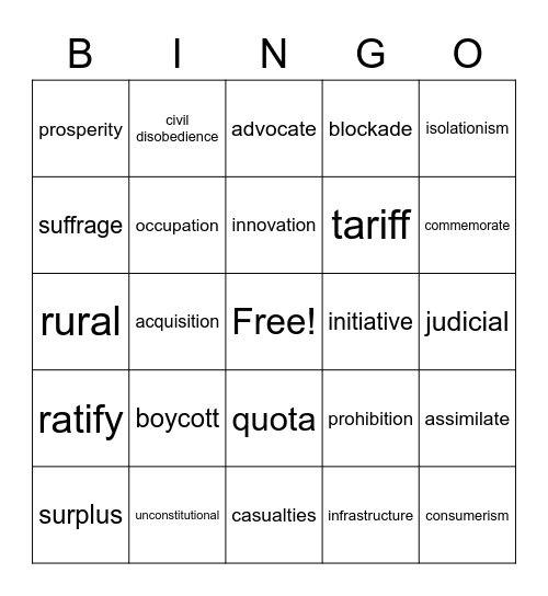 USH STAAR Vocabulary Review Bingo Card