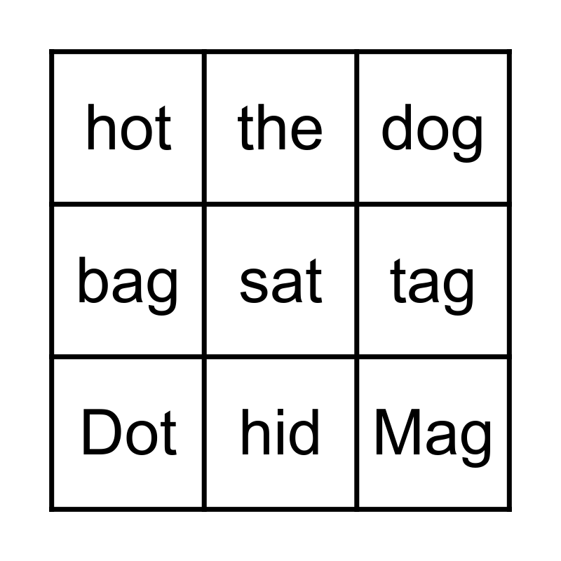 Dot and the Dog Bingo Card