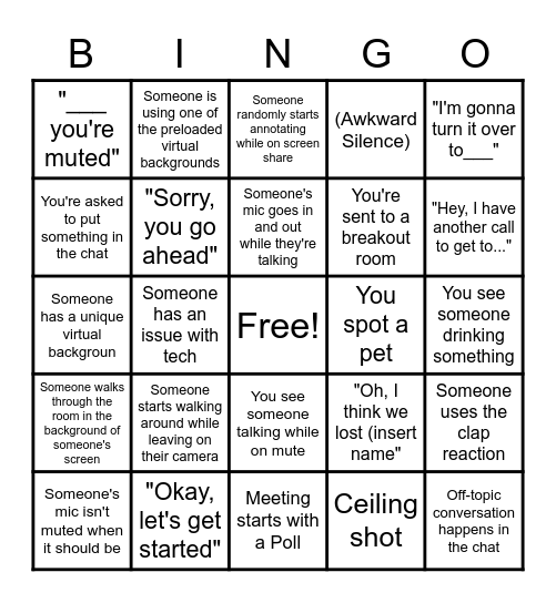 Zoom Meeting BINGO Card