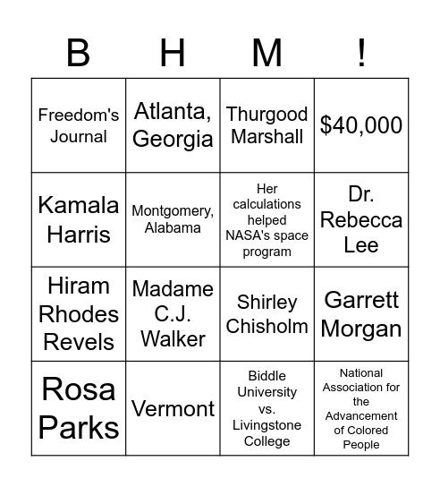 Black History Bingo Card