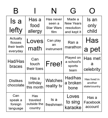 Getting to Know you Bingo Card