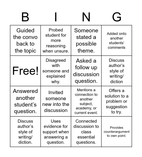 Class Discussion Bingo Card