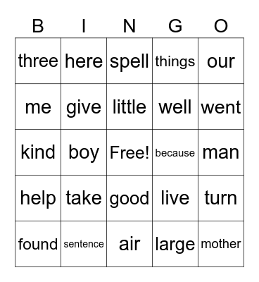 2nd 100 Sight Words Bingo Card