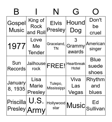 Elvis Presley Bingo Card