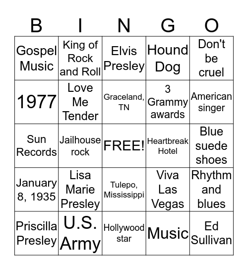 Elvis Presley Bingo Card