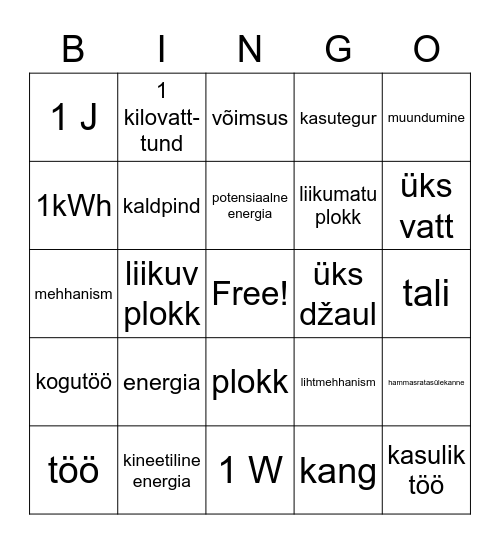 Energia Bingo Card