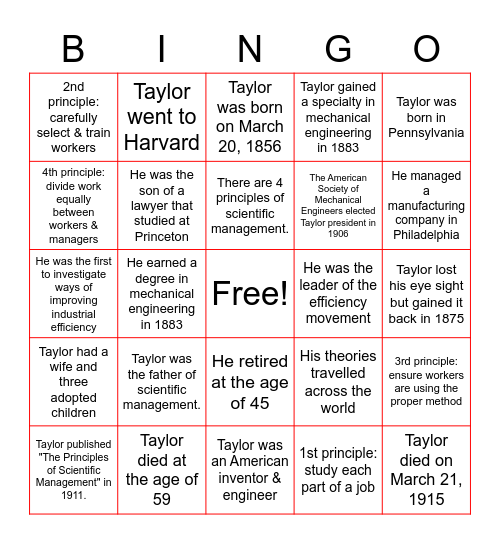 Scientific Management Bingo Card